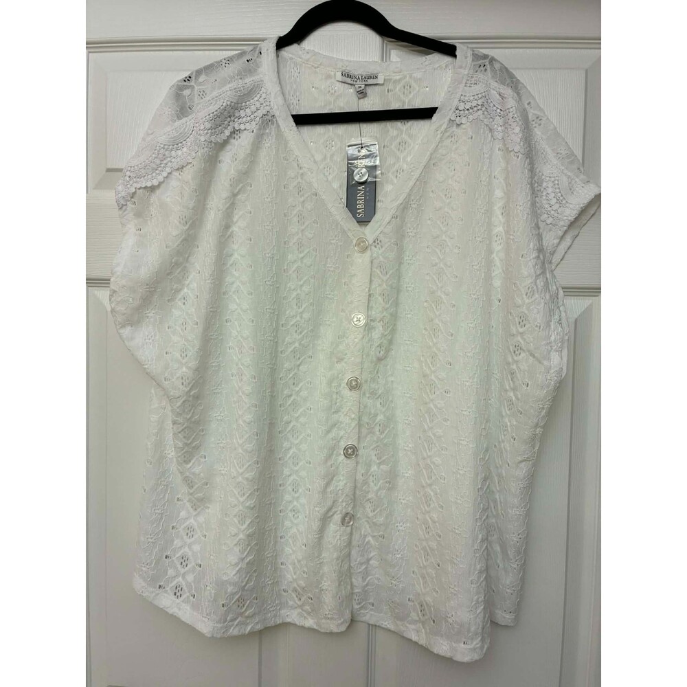 Sabrina Lauren‎ White Lace Button Blouse 3X Plus Eyelet Short Sleeve Top